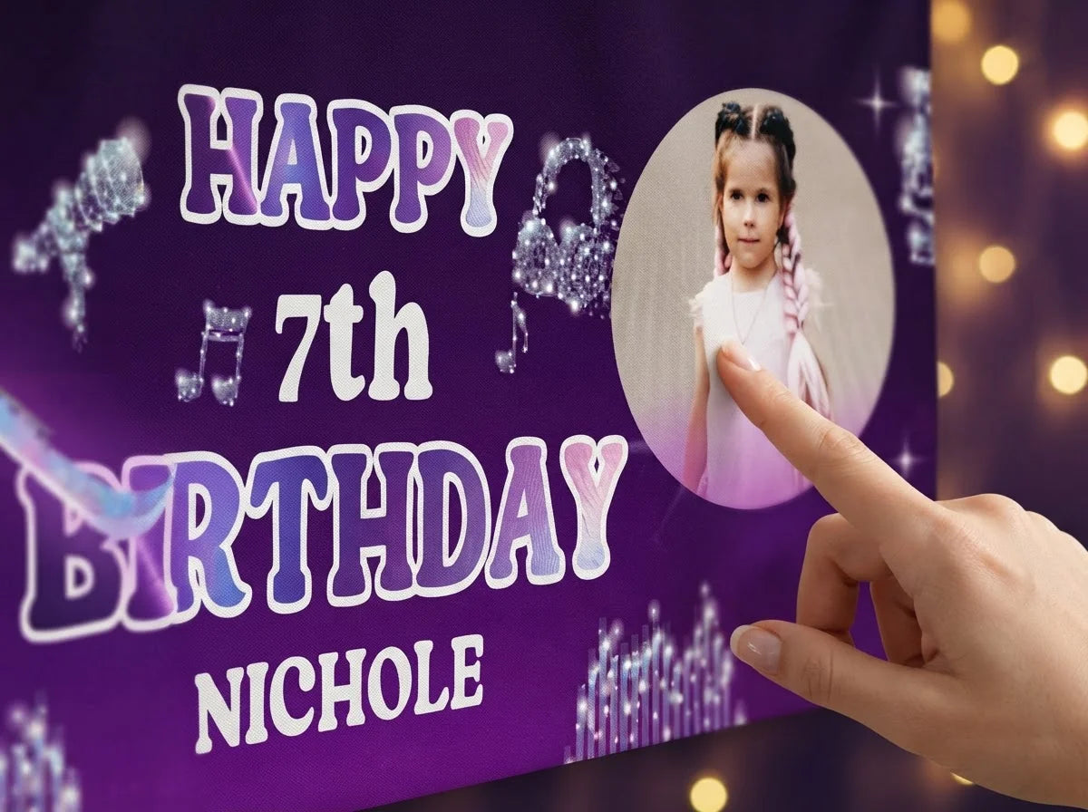 Close-up of the personalised name and photo printed on the KPOP Demon Hunter Birthday Party Banner