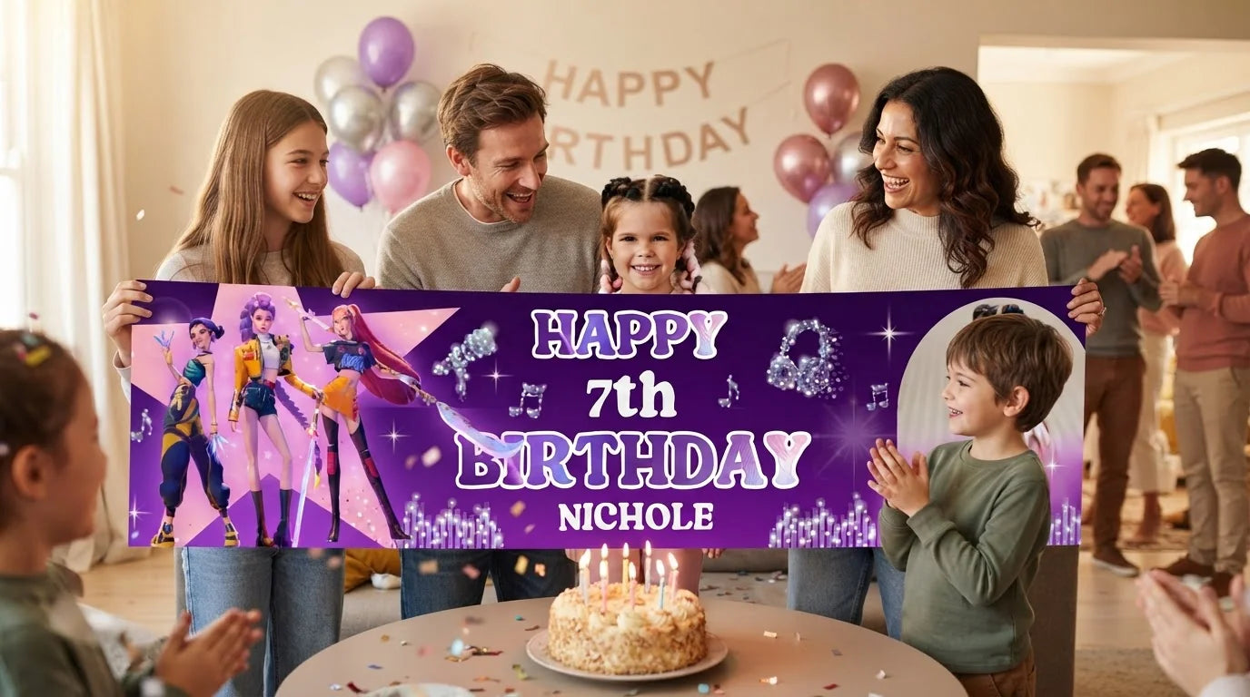 Friends and family celebrating with the personalised KPOP Demon Hunter Birthday Party Banner