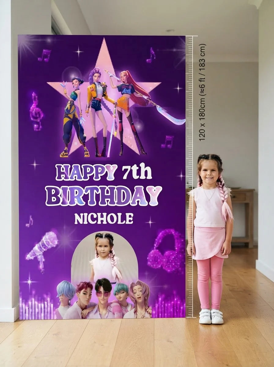 Person standing beside the KPOP Demon Hunter Birthday Party Mega Card for scale in a size guide