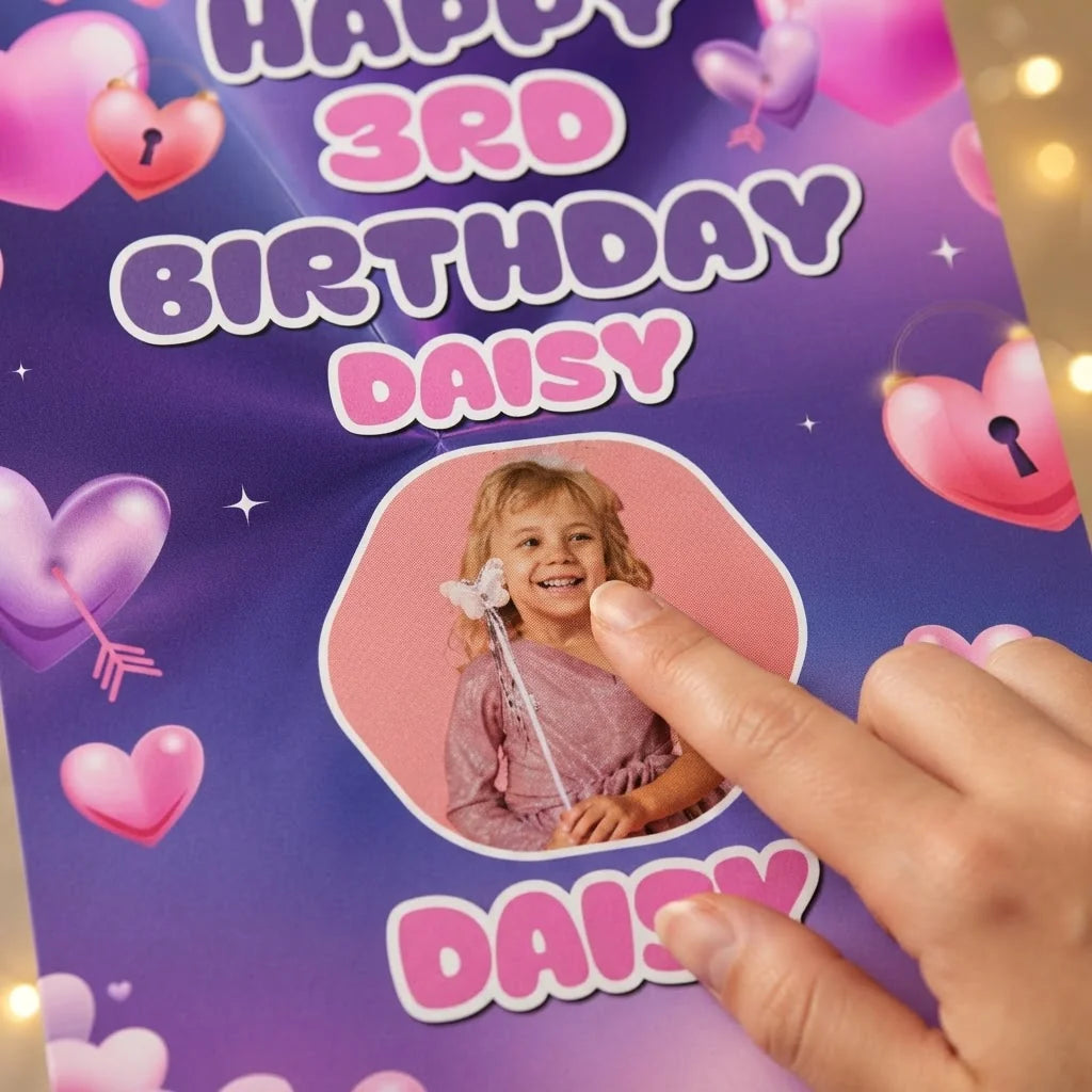 Close-up of the personalised name and photo printed on the KPOP Demon Hunter Heart Birthday Party Mega Card