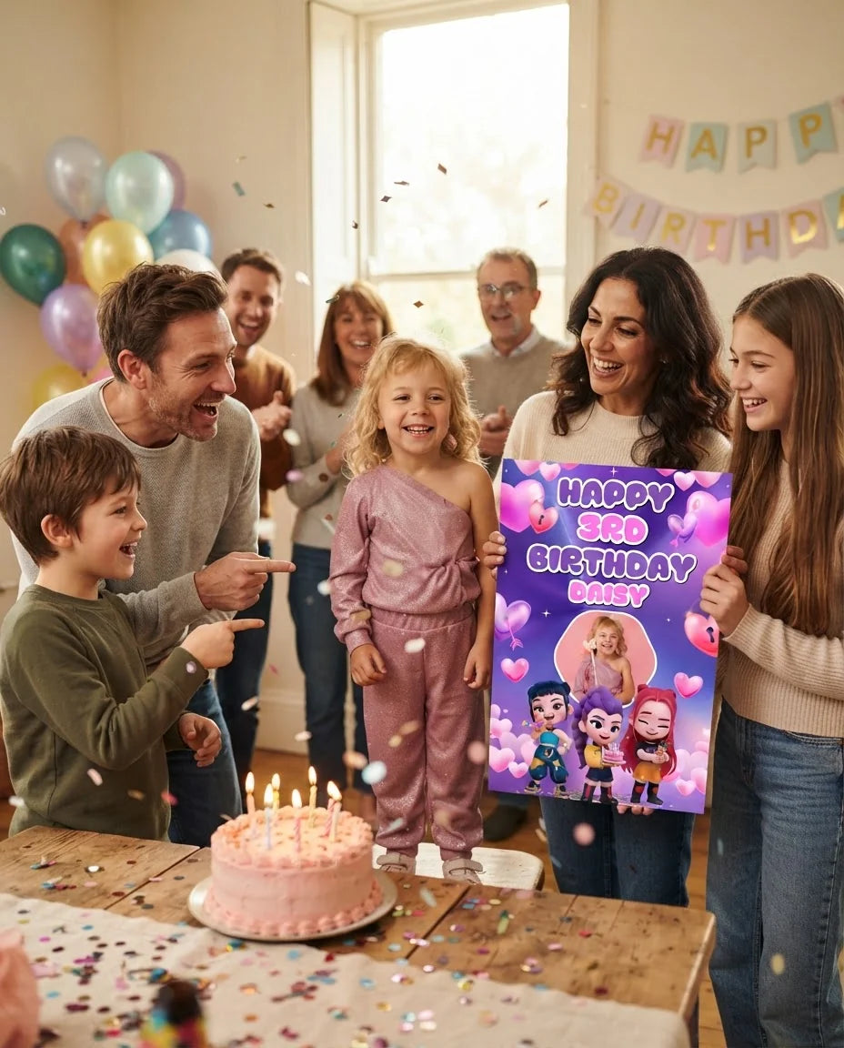 Friends and family celebrating with the personalised KPOP Demon Hunter Heart Birthday Party Mega Card