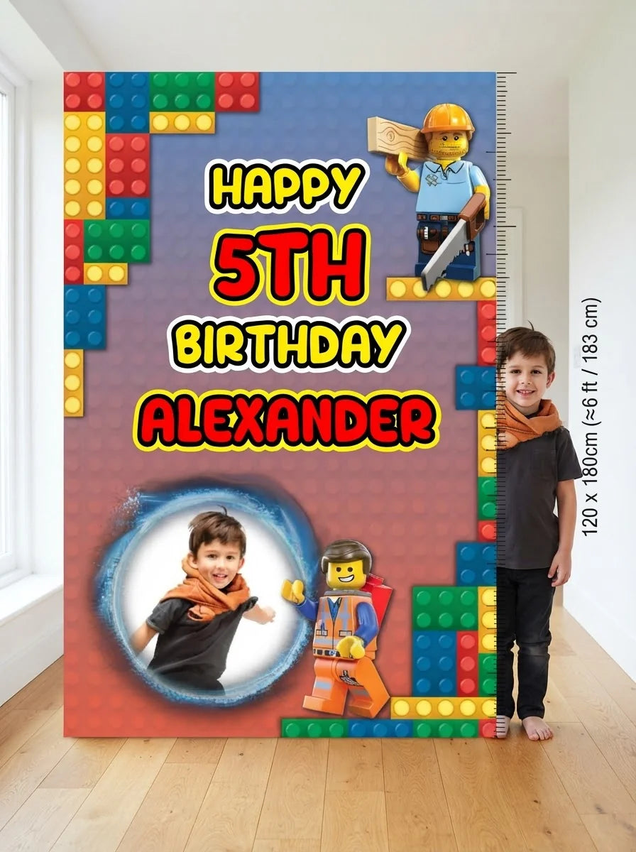 Person standing beside the Lego Mega Card for scale in a size guide