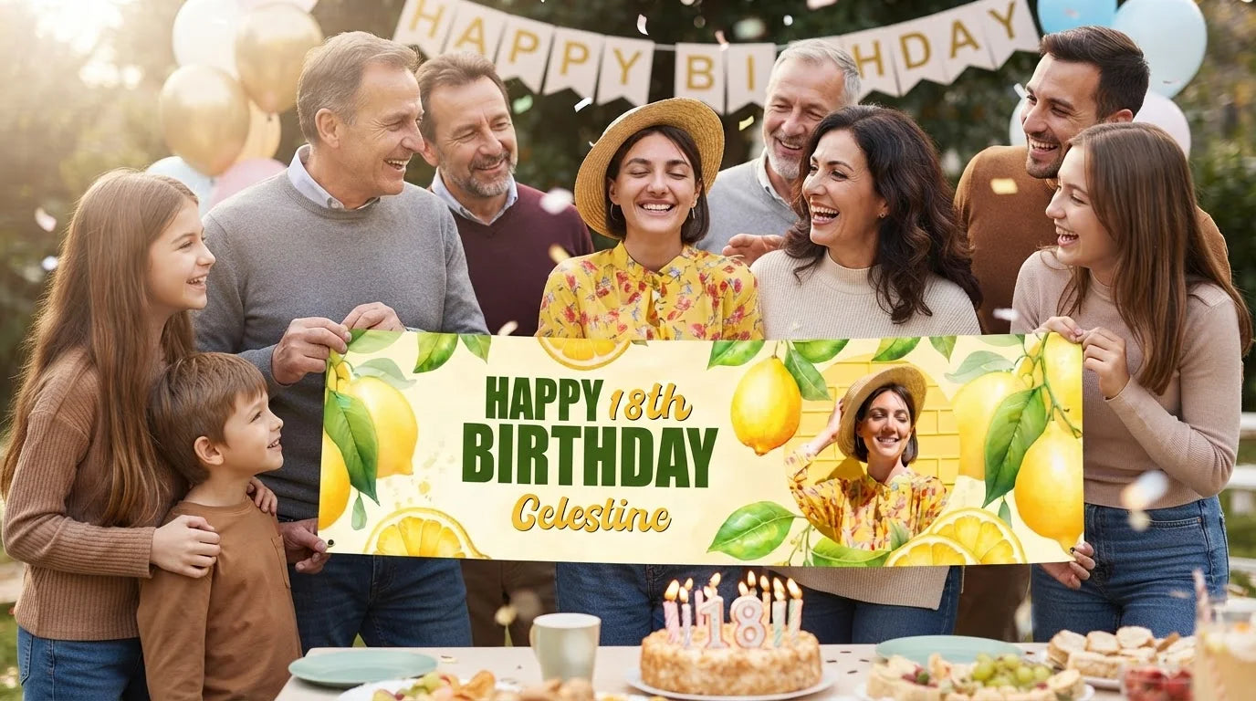 Friends and family celebrating with the personalised Lemon Theme Birthday Party Banner