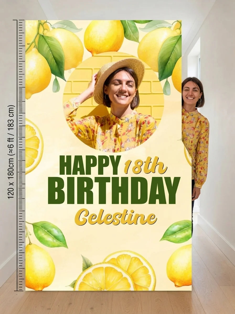 Person standing beside the Lemon Theme Birthday Party Mega Card for scale in a size guide