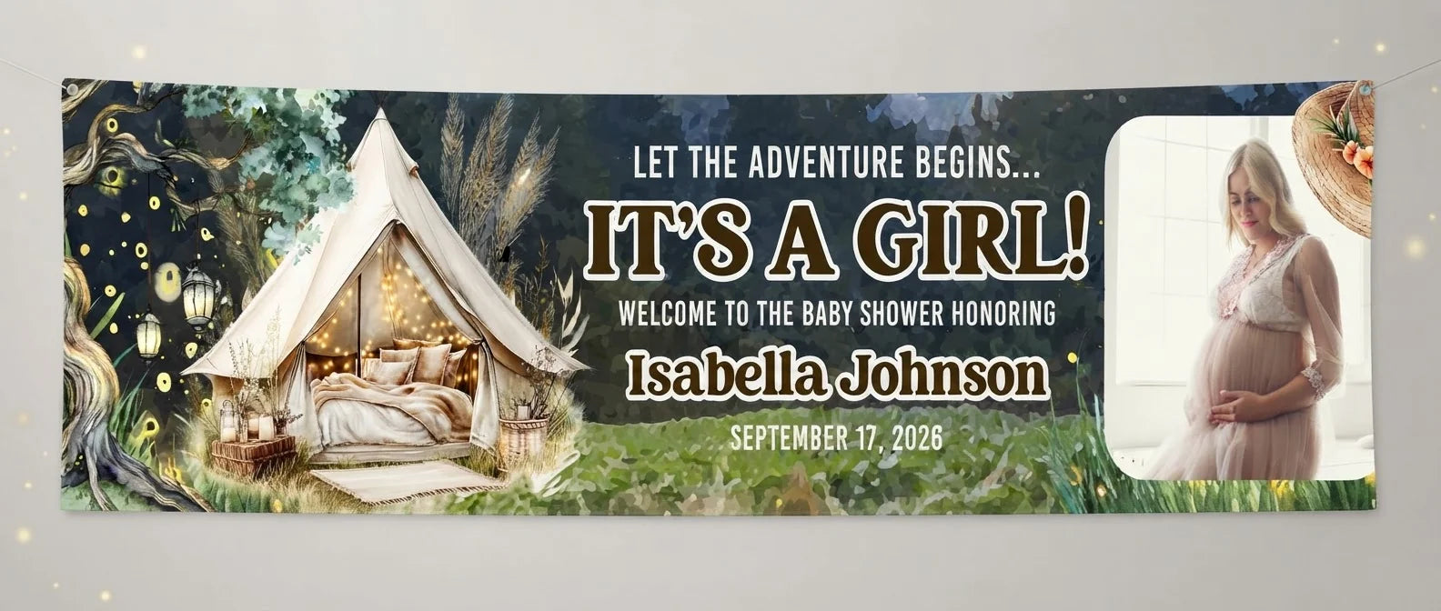 Personalised Let the Adventure Begin Baby Shower Party Banner displayed against a plain studio background