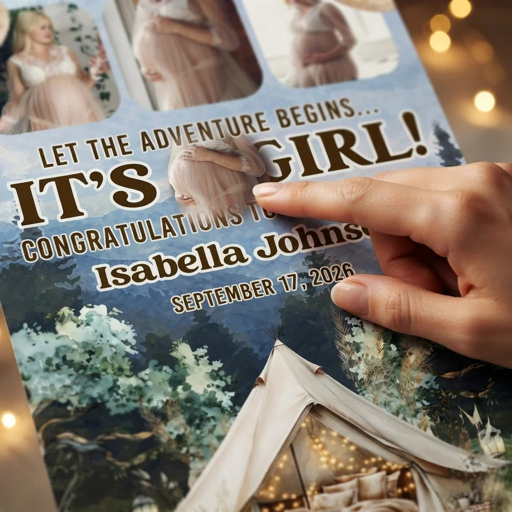 Close-up of the personalised name and photo printed on the Let the Adventure Begin Baby Shower Party Mega Card