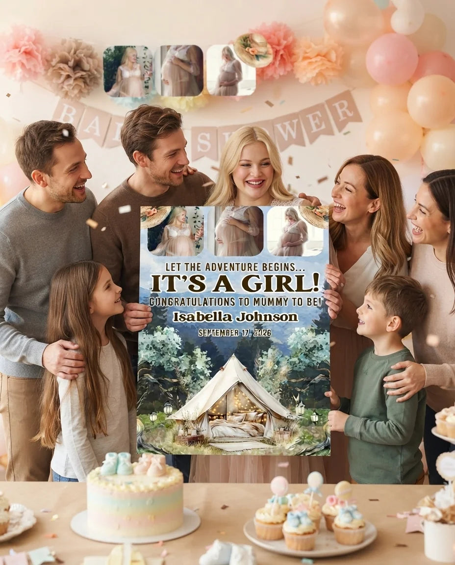 Friends and family celebrating with the personalised Let the Adventure Begin Baby Shower Party Mega Card