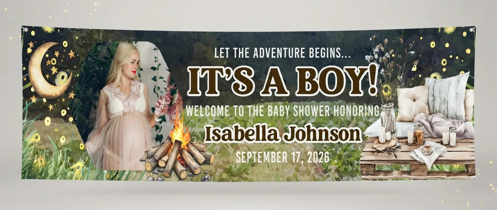 Personalised Let The Adventure It's a Boy Baby Shower Party Banner displayed against a plain studio background