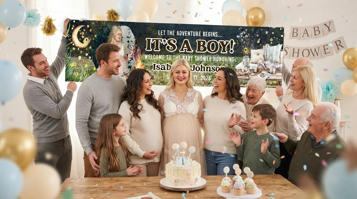 Friends and family celebrating with the personalised Let The Adventure It's a Boy Baby Shower Party Banner