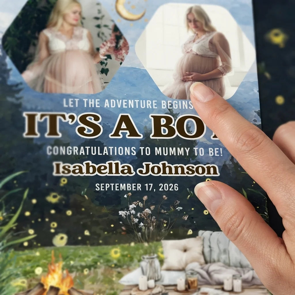 Close-up of the personalised name and photo printed on the Let The Adventure It's a Boy Baby Shower Party Mega Card