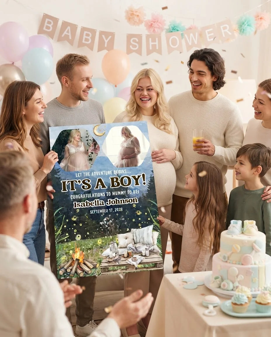 Friends and family celebrating with the personalised Let The Adventure It's a Boy Baby Shower Party Mega Card