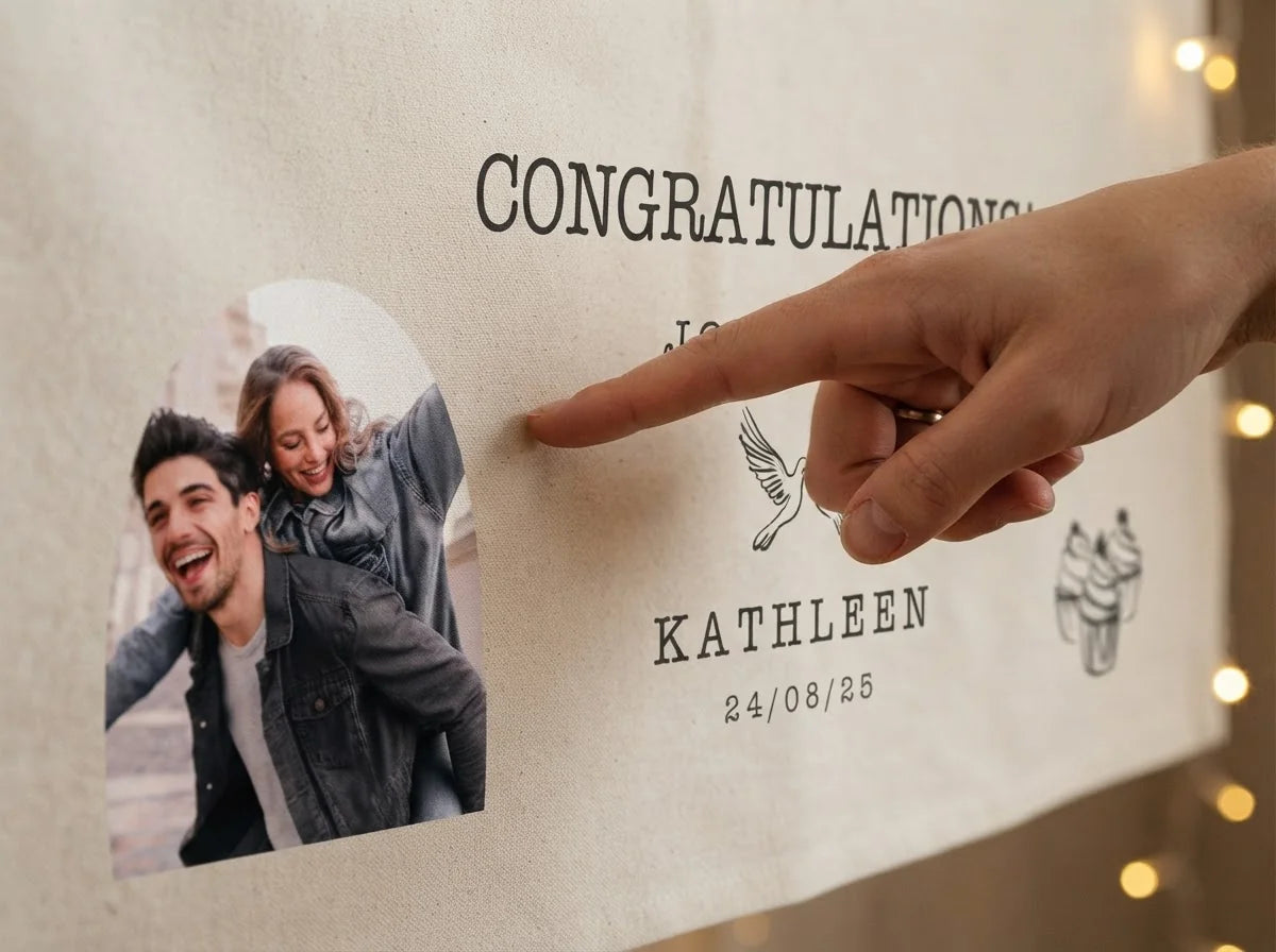 Close-up of the personalised name and photo printed on the Line Art Illustration Theme Wedding Banner