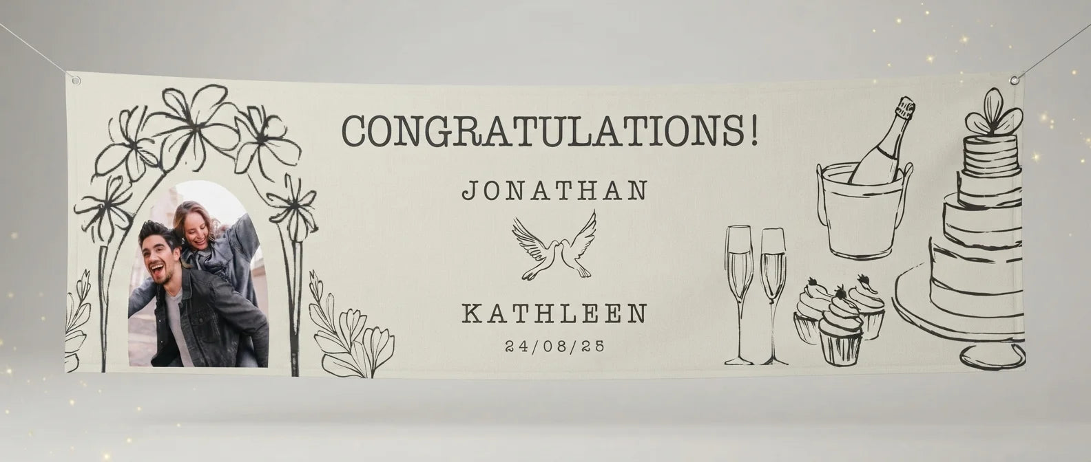 Personalised Line Art Illustration Theme Wedding Banner displayed against a plain studio background