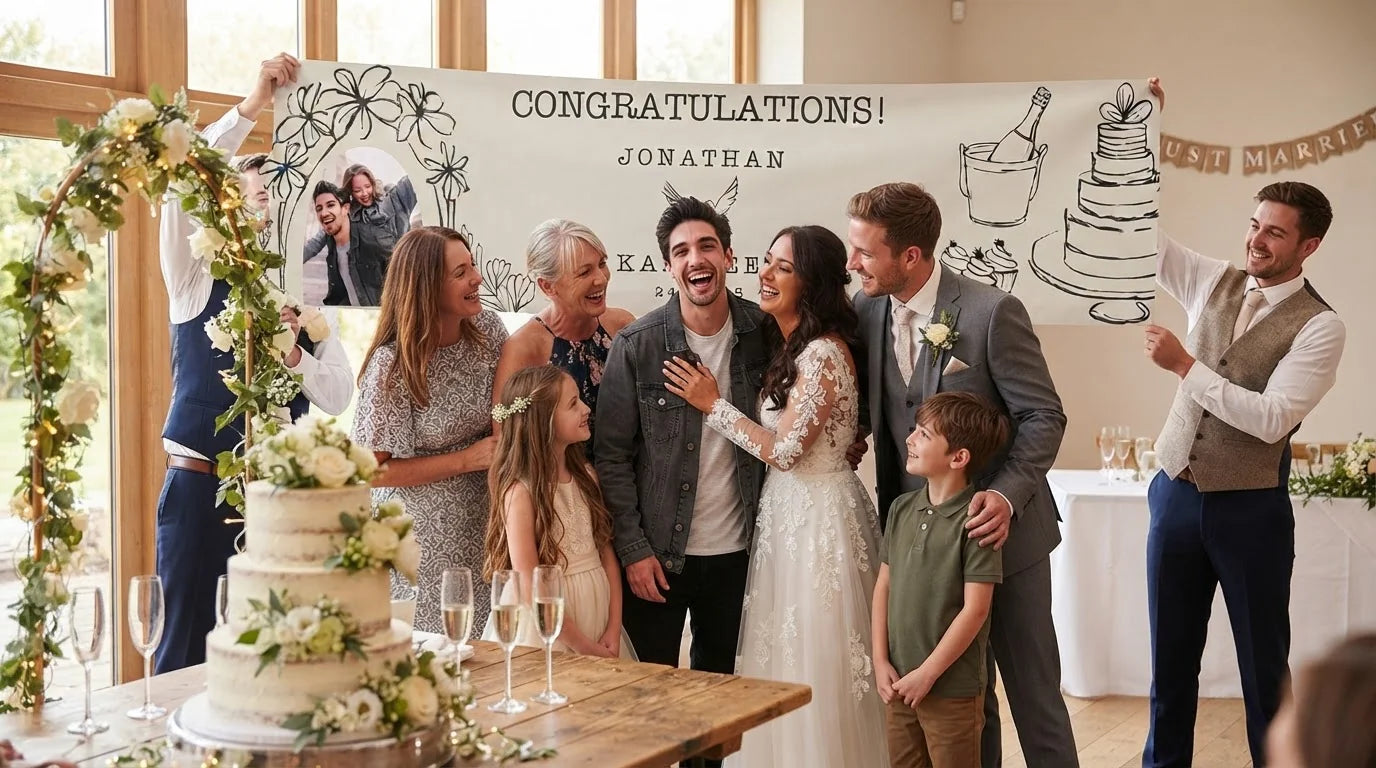 Friends and family celebrating with the personalised Line Art Illustration Theme Wedding Banner