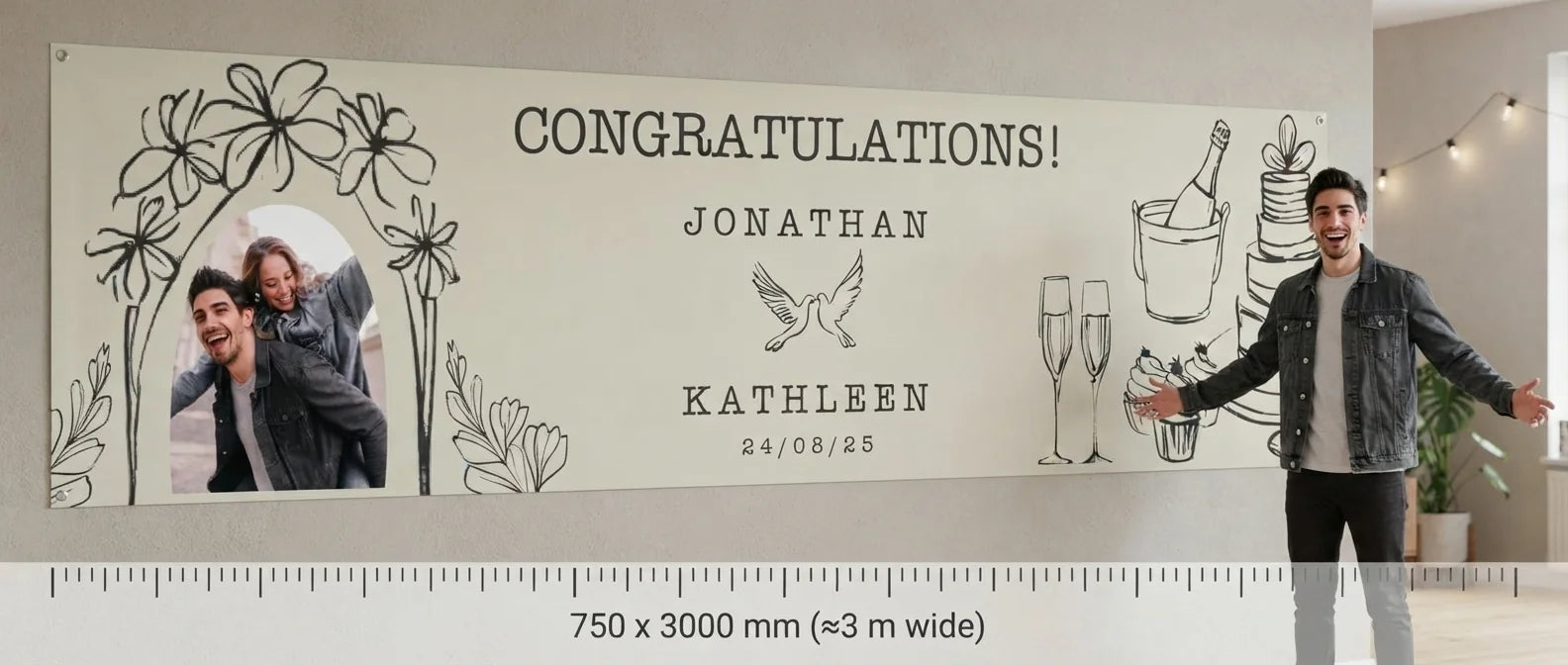 Person standing beside the Line Art Illustration Theme Wedding Banner for scale, with size guide showing 750 x 3000 mm