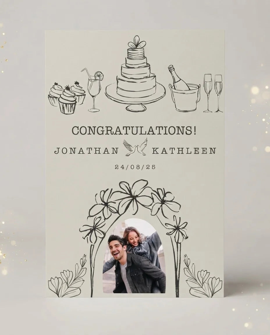 Personalised Line Art Illustration Theme Wedding Mega Card displayed against a plain studio background
