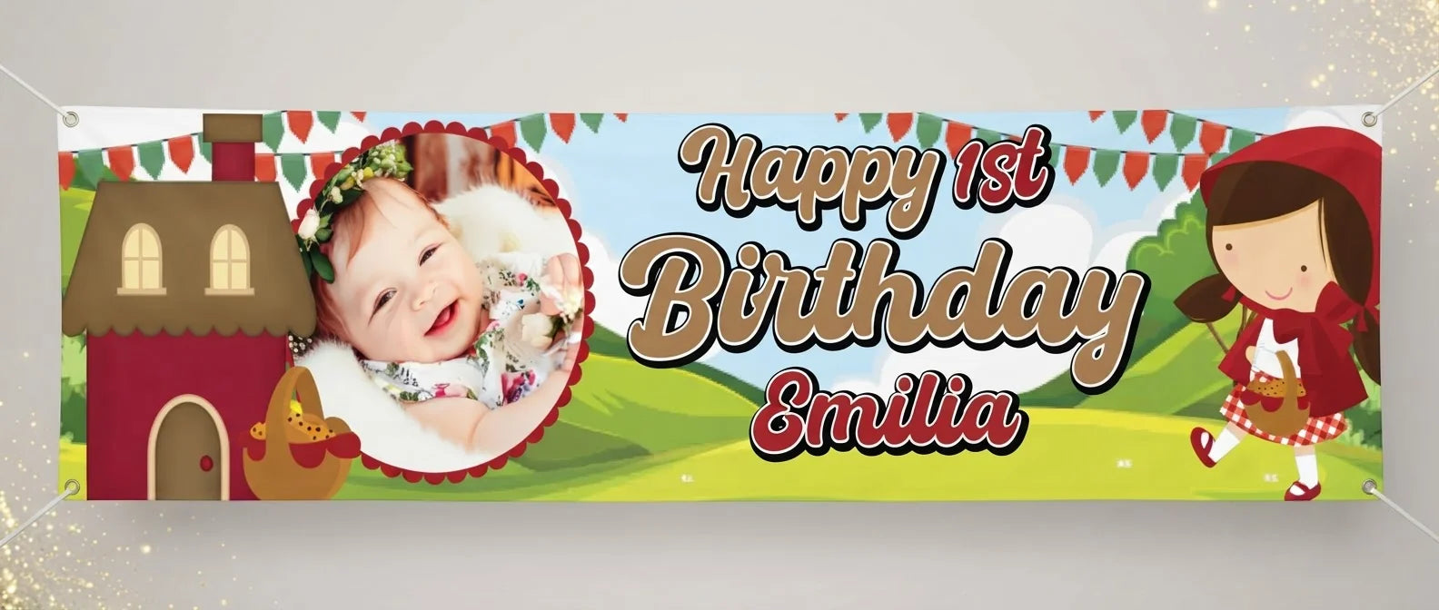 Personalised Little Red Riding Hood Birthday Banner displayed against a plain studio background