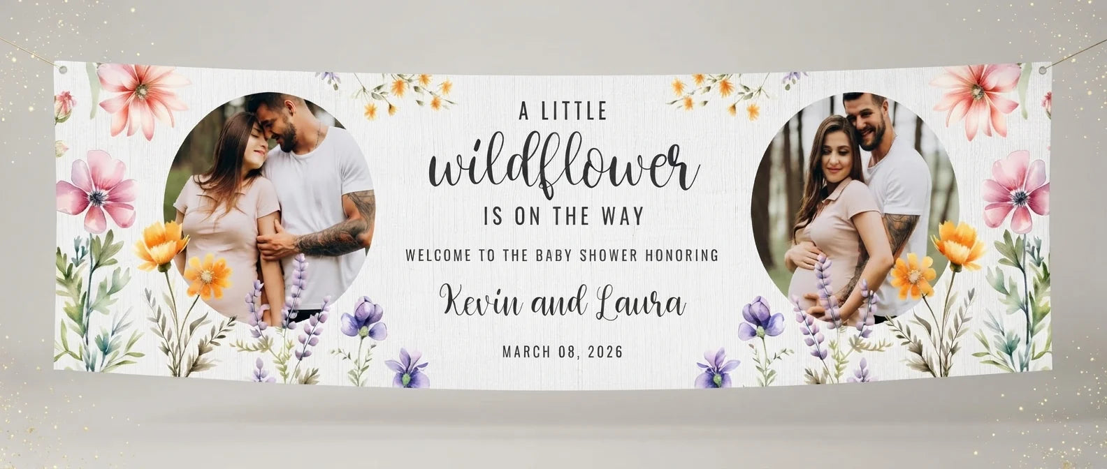 Personalised Little Wildflower Baby Shower Party Banner displayed against a plain studio background