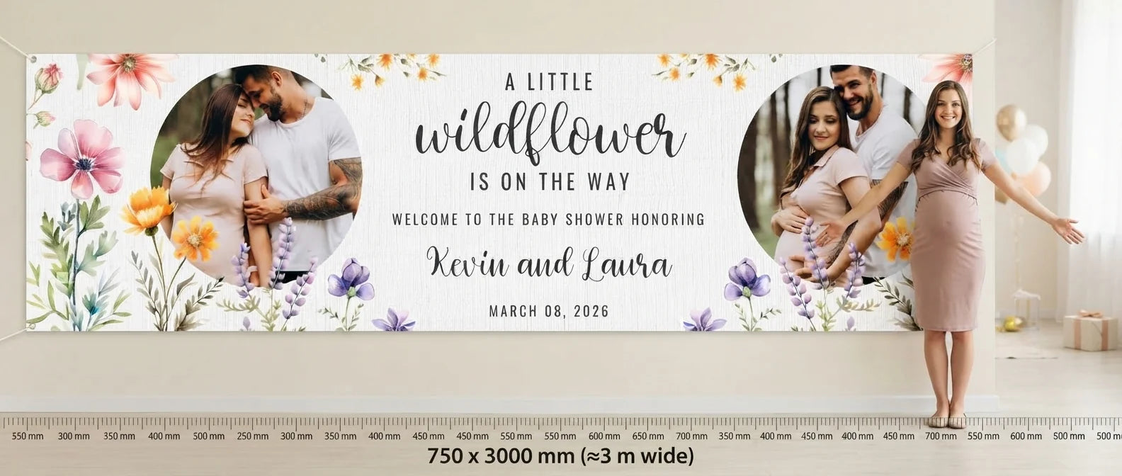 Person standing beside the Little Wildflower Baby Shower Party Banner for scale, with size guide showing 750 x 3000 mm