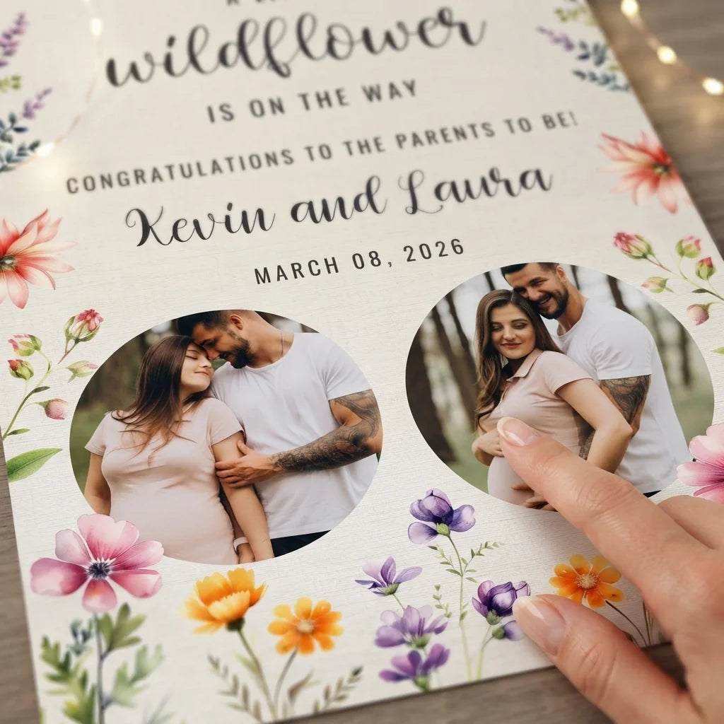 Close-up of the personalised name and photo printed on the Little Wildflower Baby Shower Party Mega Card