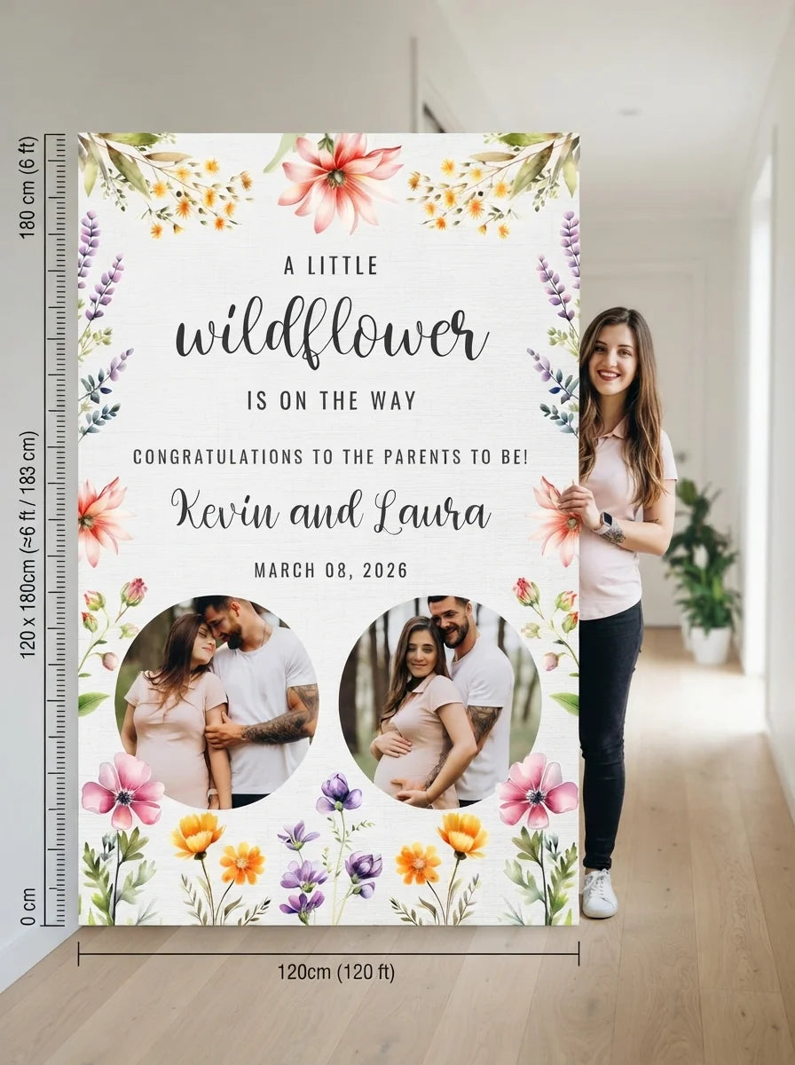 Person standing beside the Little Wildflower Baby Shower Party Mega Card for scale in a size guide
