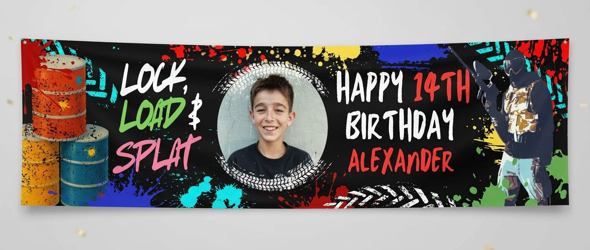 Personalised Lock, Load & Splat Birthday Party Banner displayed against a plain studio background