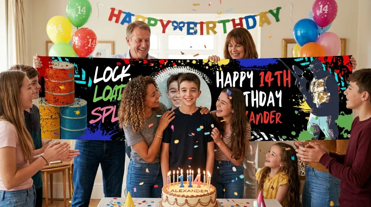 Friends and family celebrating with the personalised Lock, Load & Splat Birthday Party Banner