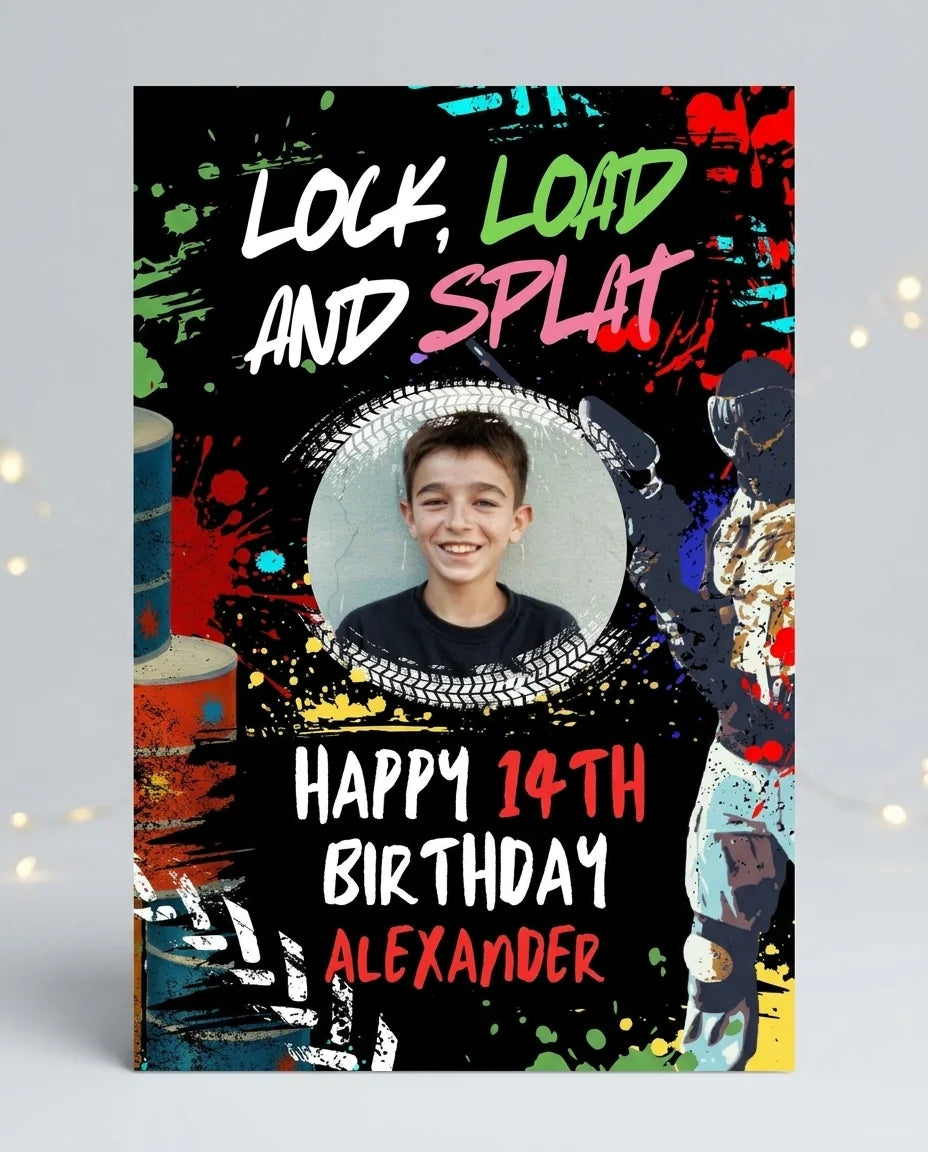 Personalised Lock, Load & Splat Birthday Party Mega Card displayed against a plain studio background