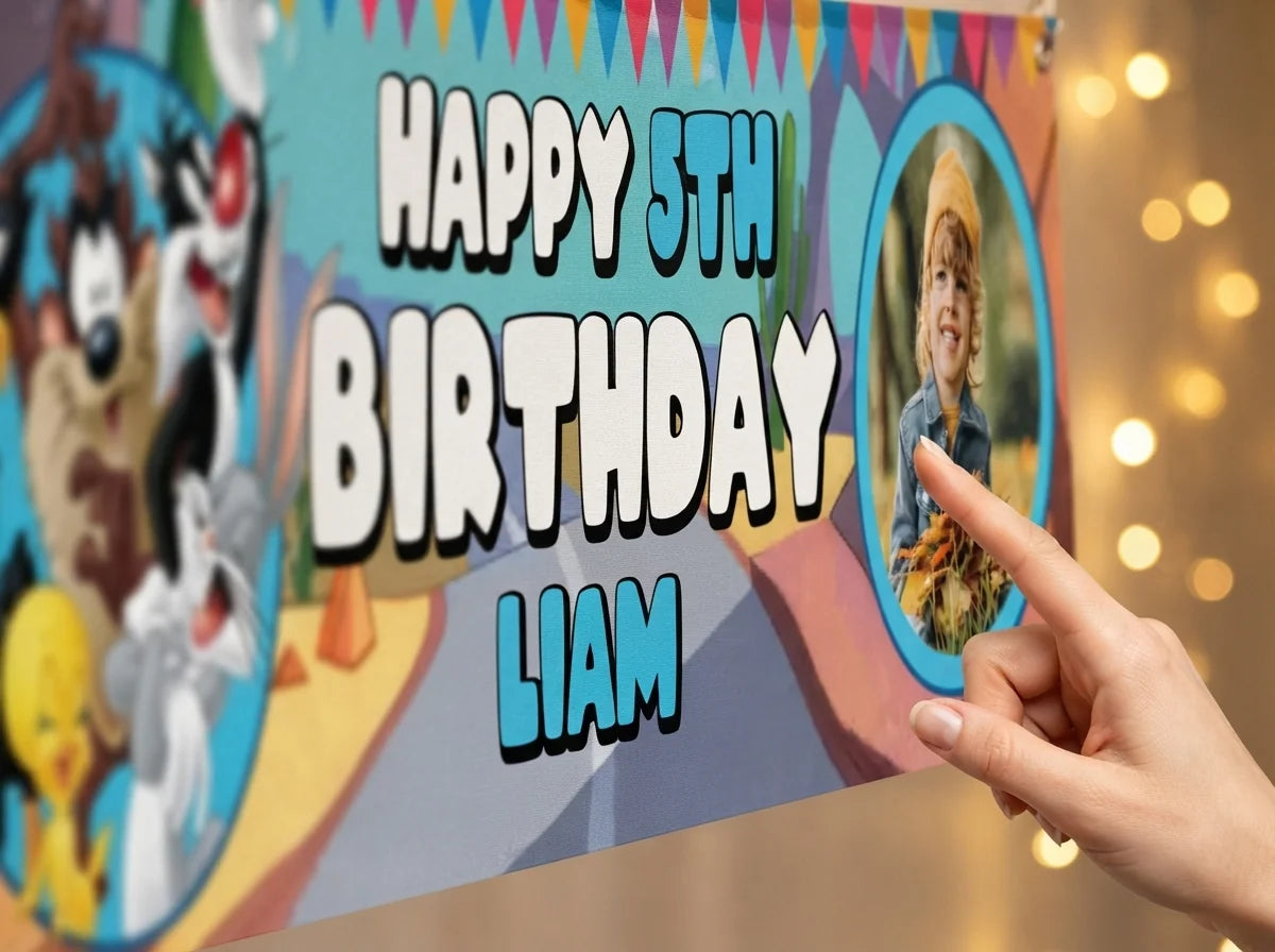 Close-up of the personalised name and photo printed on the Looney Tunes Birthday Banner