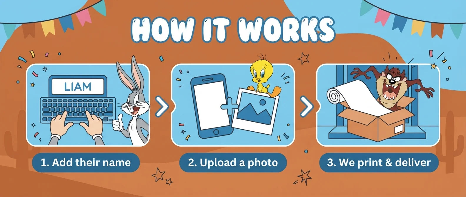 How it works: add a name, upload a photo, and we print and deliver the Looney Tunes Birthday Banner