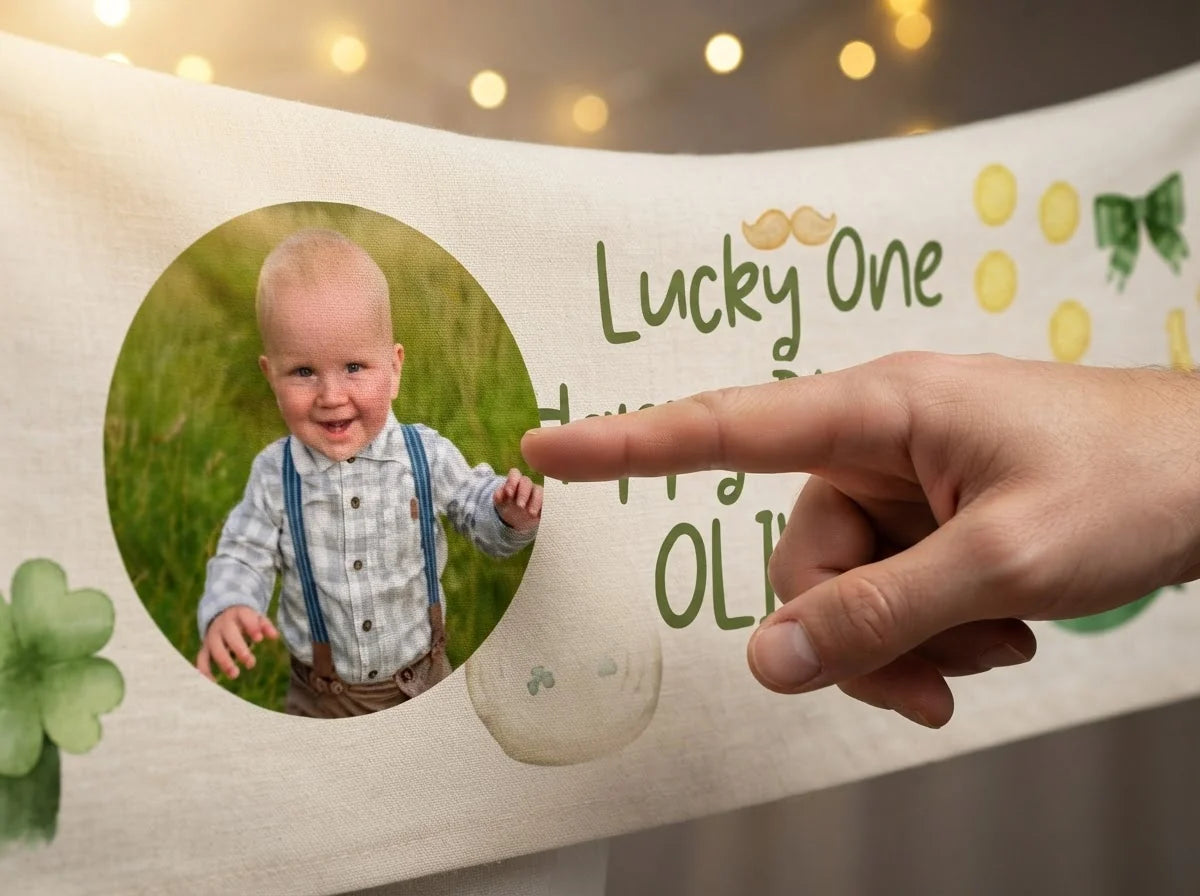 Close-up of the personalised name and photo printed on the Lucky One Birthday Party Banner