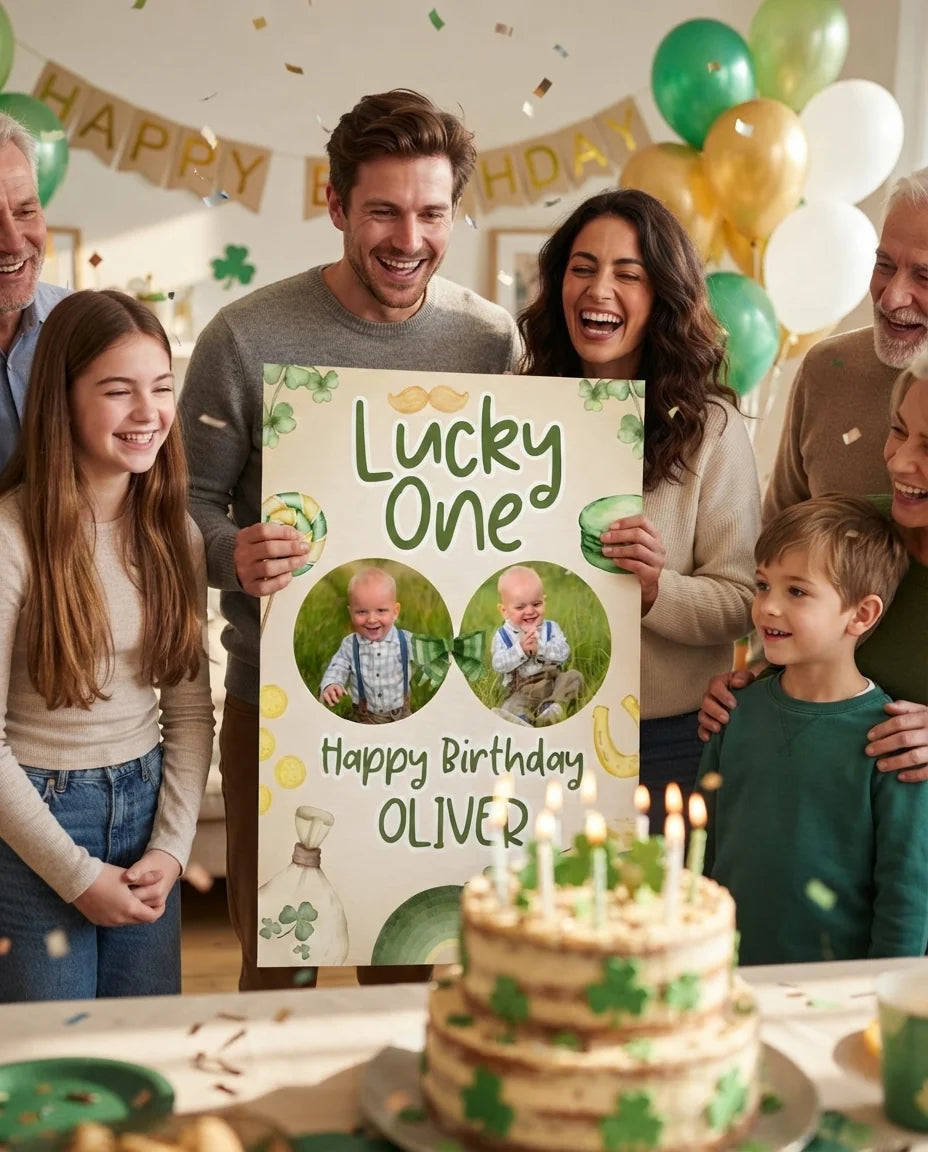 Friends and family celebrating with the personalised Lucky One Birthday Party Mega Card