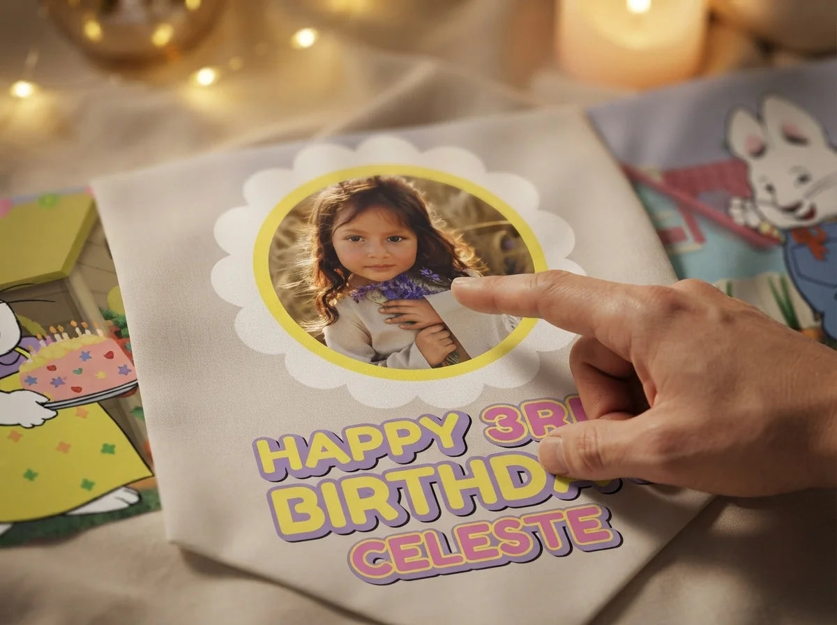 Close-up of the personalised name and photo printed on the Max and Ruby Birthday Banner