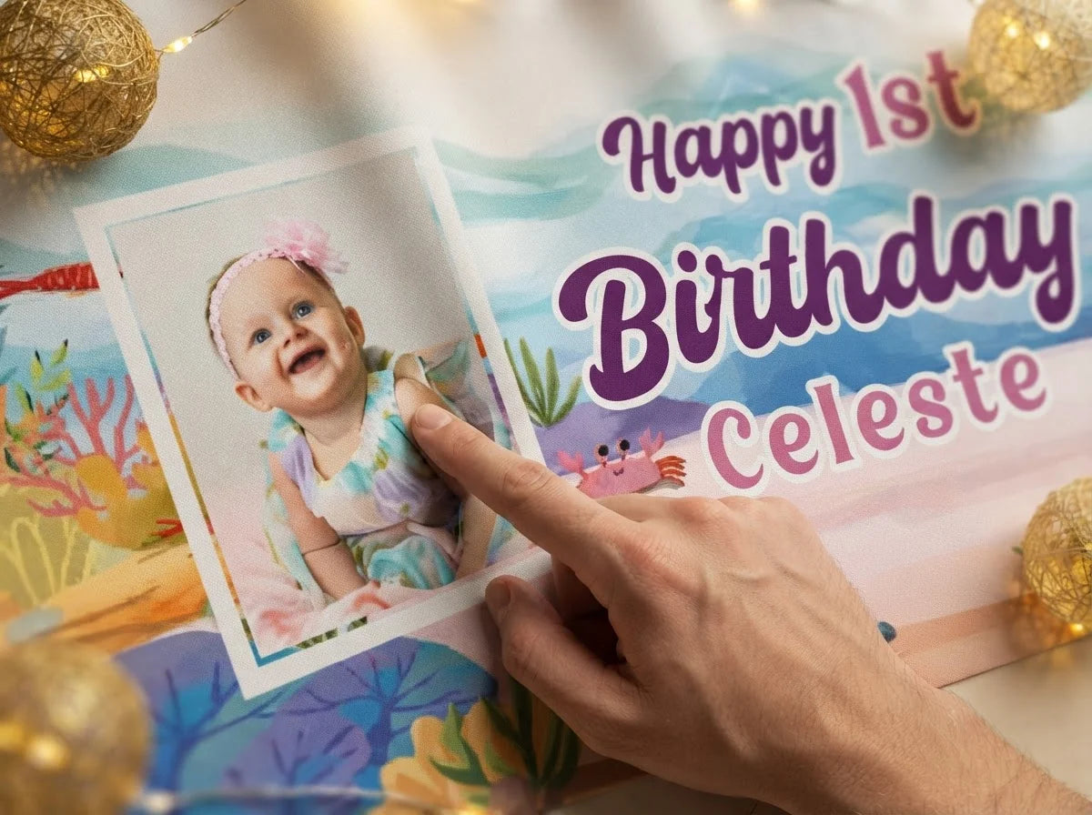 Close-up of the personalised name and photo printed on the Mermaid Birthday Banner