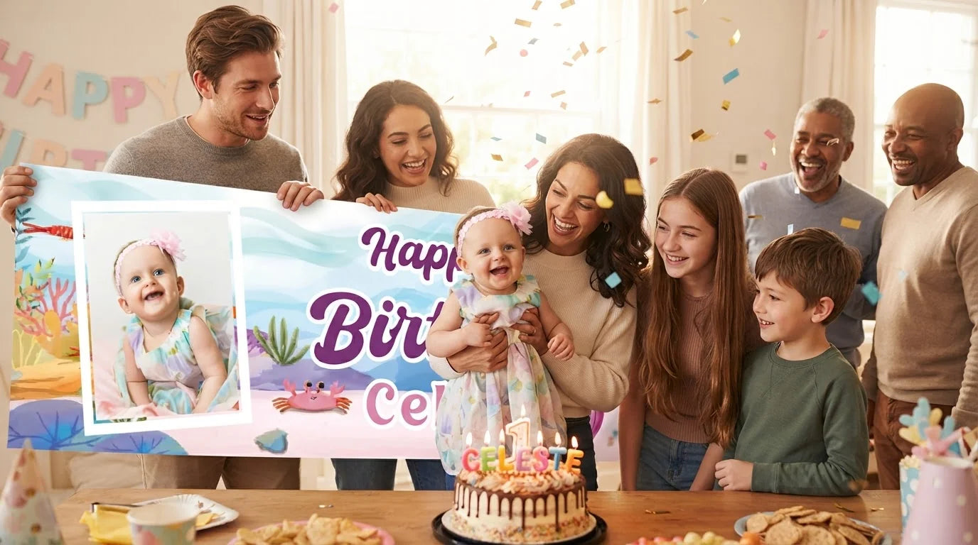 Friends and family celebrating with the personalised Mermaid Birthday Banner