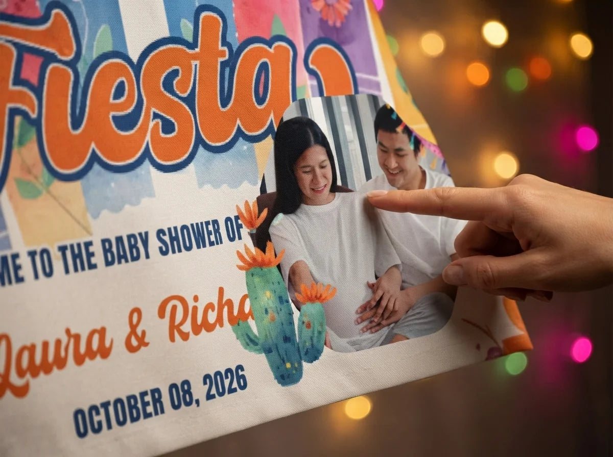 Close-up of the personalised name and photo printed on the Mexican Fiesta Baby Shower Banner