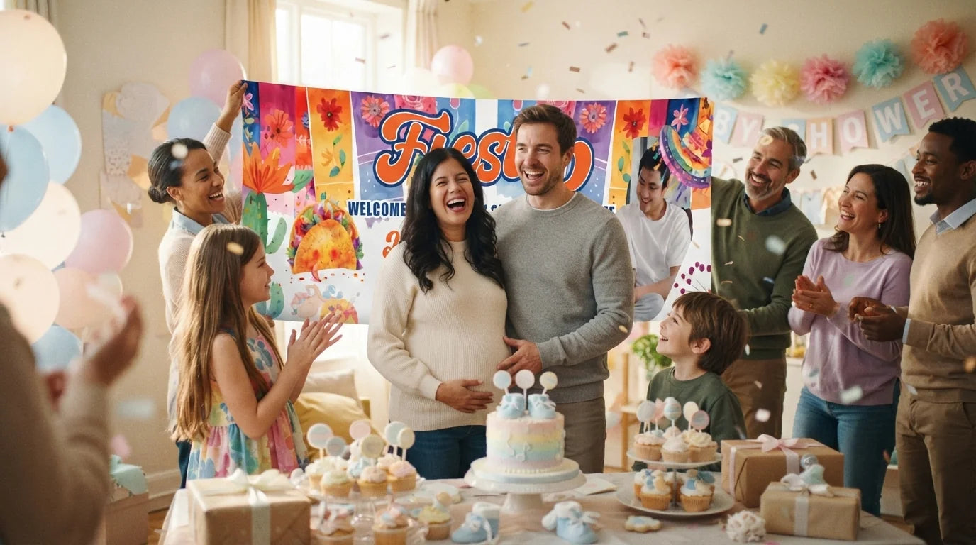 Friends and family celebrating with the personalised Mexican Fiesta Baby Shower Banner