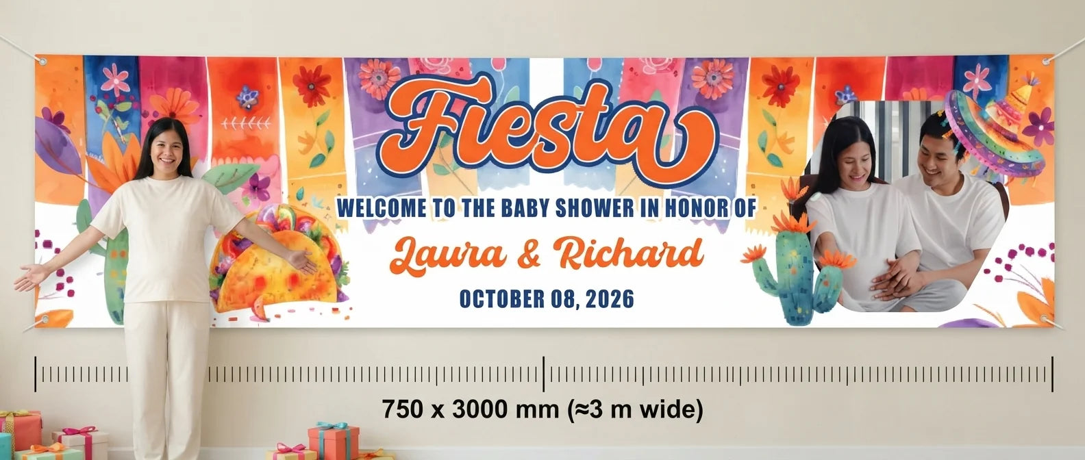Person standing beside the Mexican Fiesta Baby Shower Banner for scale, with size guide showing 750 x 3000 mm