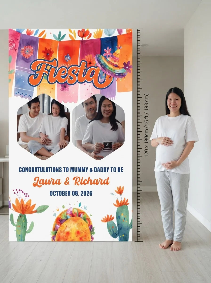 Person standing beside the Mexican Fiesta Baby Shower Mega Card for scale in a size guide