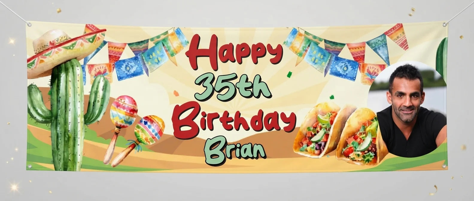 Personalised Mexican Fiesta Birthday Party Banner displayed against a plain studio background