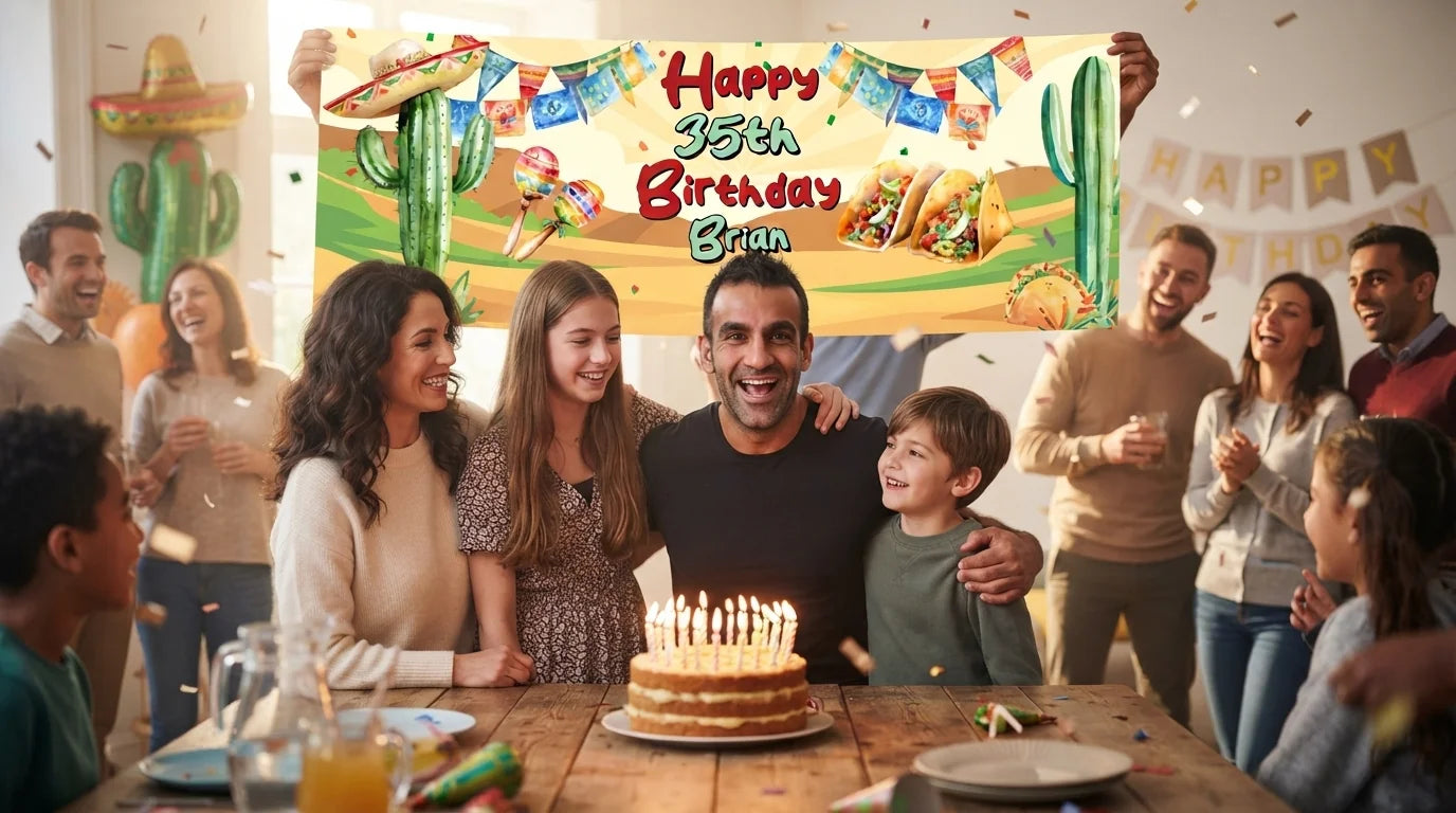 Friends and family celebrating with the personalised Mexican Fiesta Birthday Party Banner
