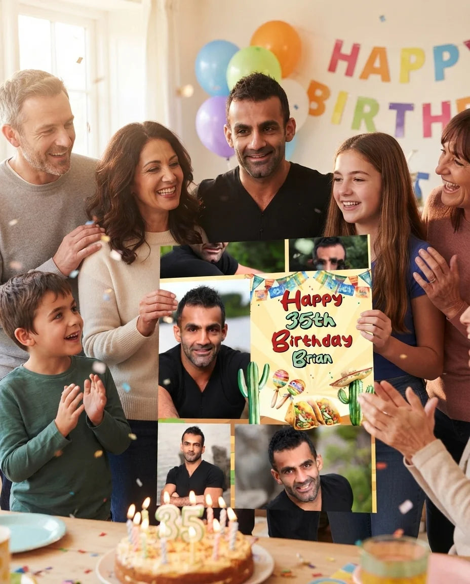 Friends and family celebrating with the personalised Mexican Fiesta Birthday Party Mega Card