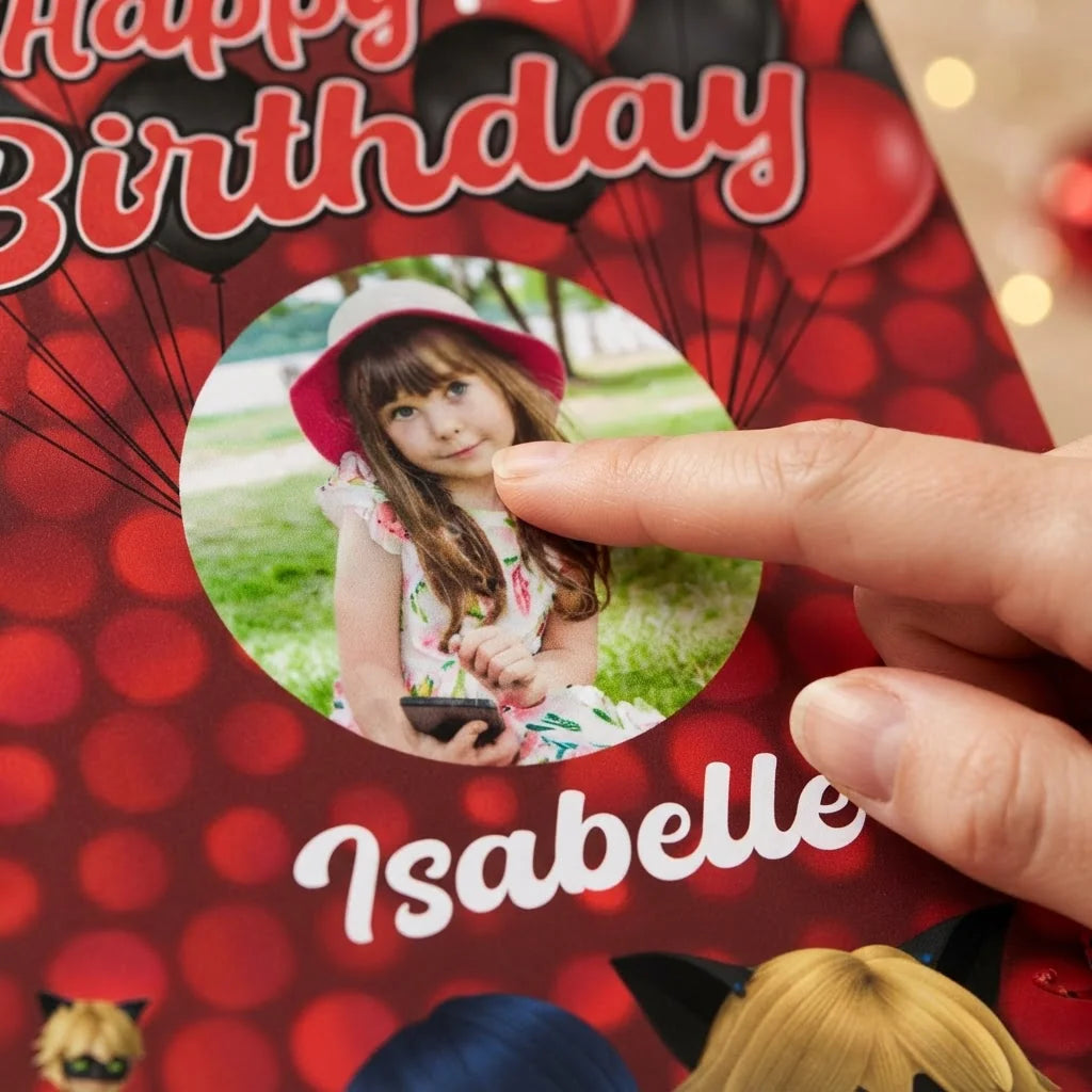 Close-up of the personalised name and photo printed on the Miraculous Mega Card