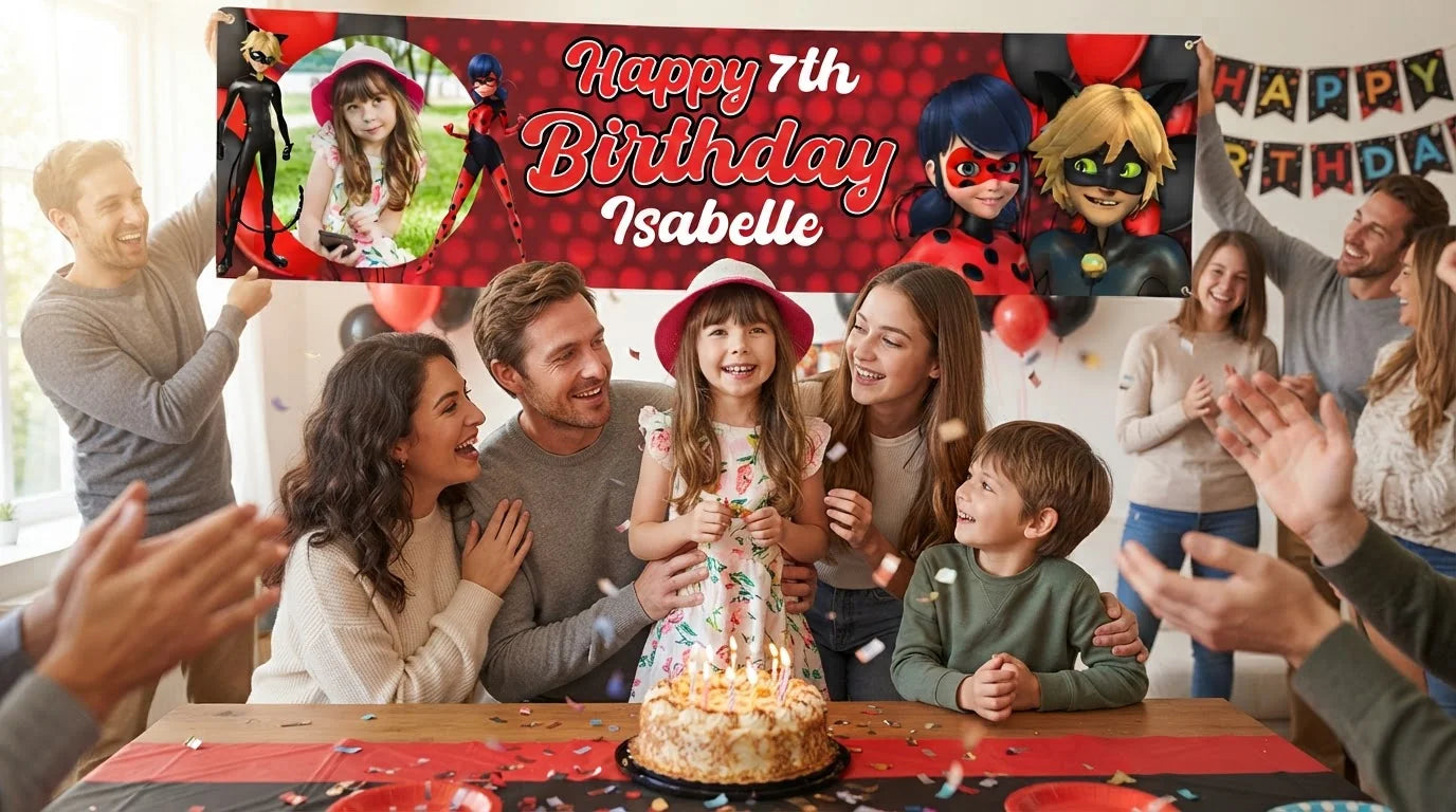 Friends and family celebrating with the personalised Miraculous Tales of Ladybug and Cat Noir Birthday Banner