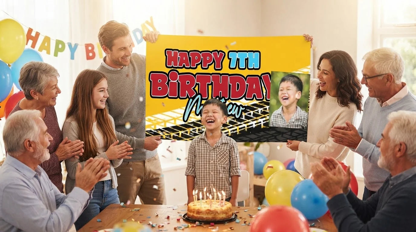 Friends and family celebrating with the personalised Monster Truck Birthday Banner