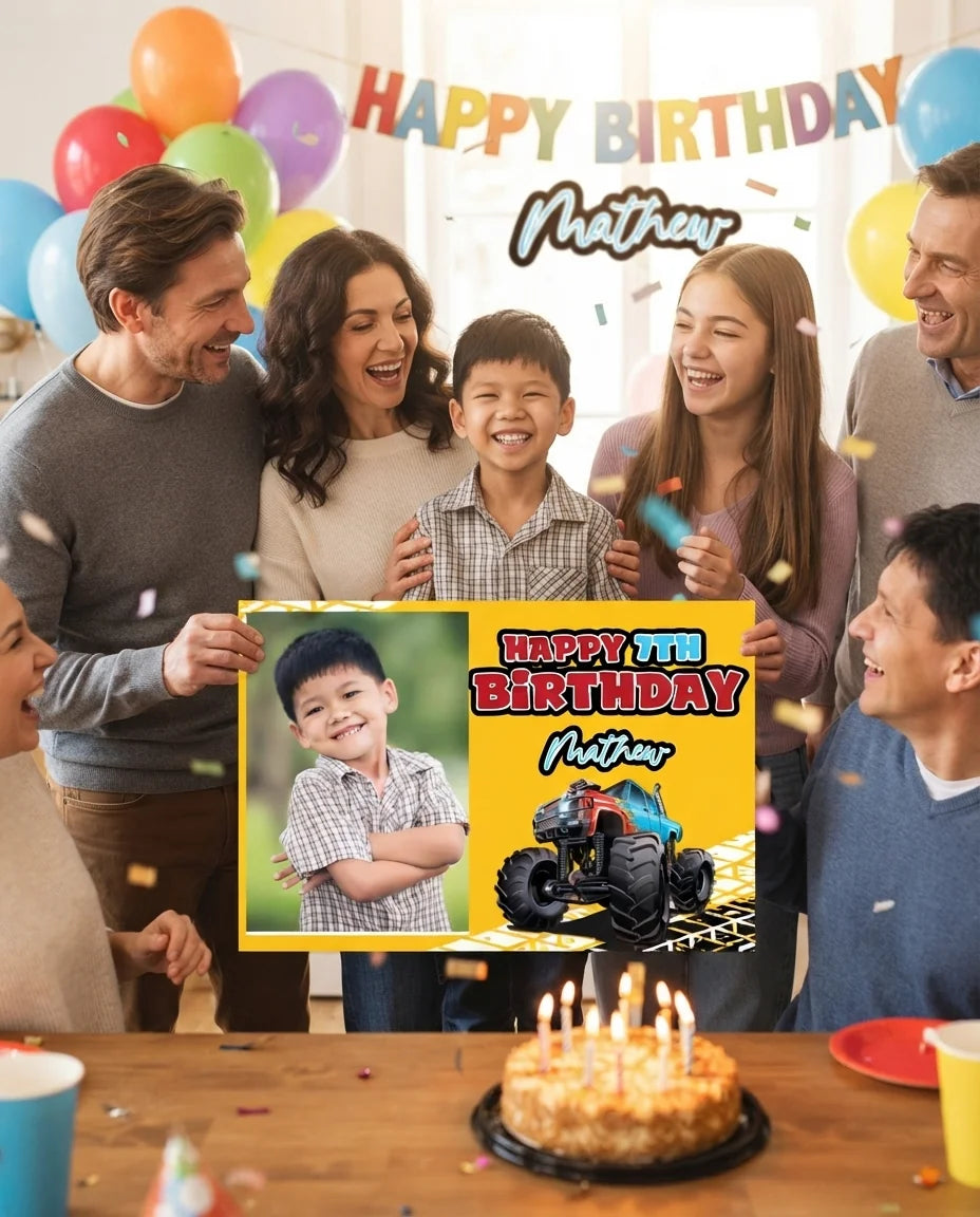 Friends and family celebrating with the personalised Monster Truck Mega Card