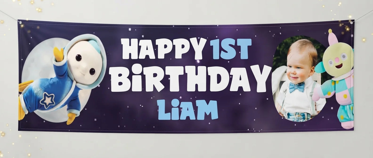 Personalised Moon Baby Birthday Banner displayed against a plain studio background
