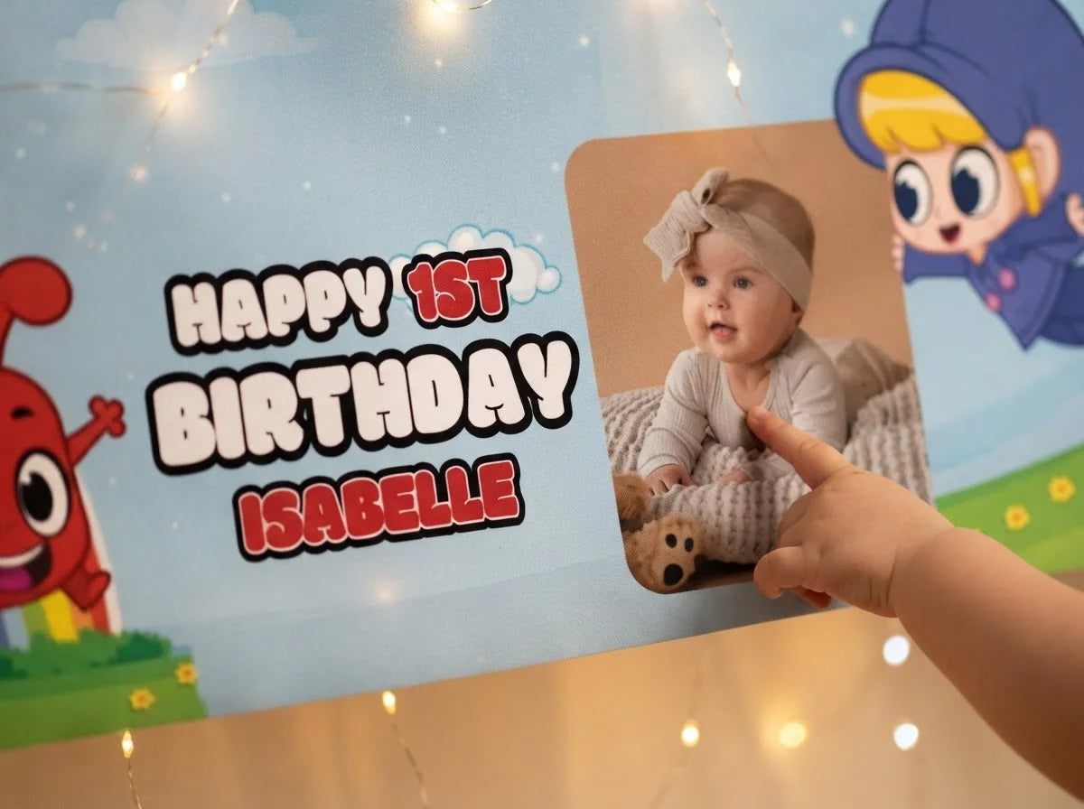 Close-up of the personalised name and photo printed on the Morphle Birthday Banner