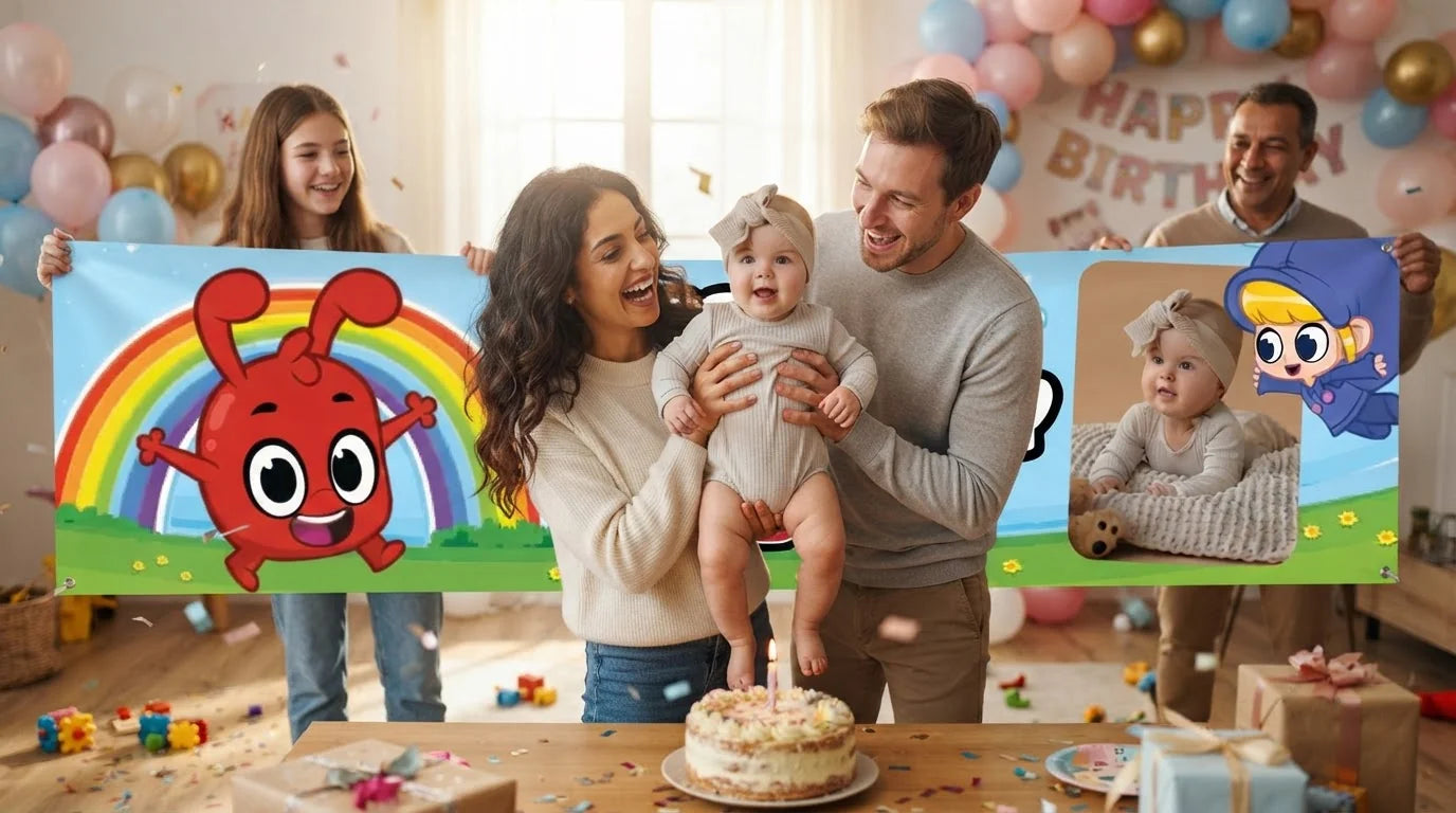 Friends and family celebrating with the personalised Morphle Birthday Banner