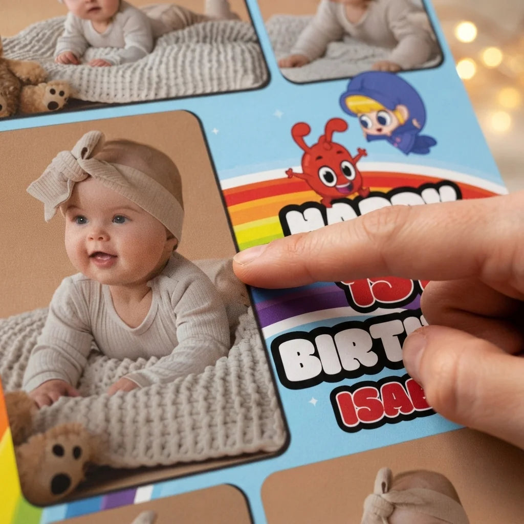 Close-up of the personalised name and photo printed on the Morphle Mega Card